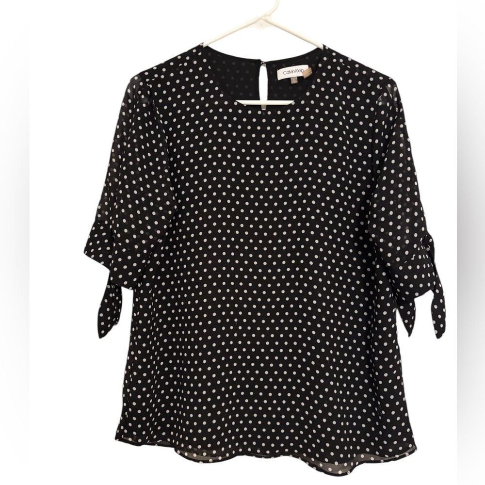 Calvin Klein Women's Black Polka Dot Print Tie Sleeve Top Blouse
